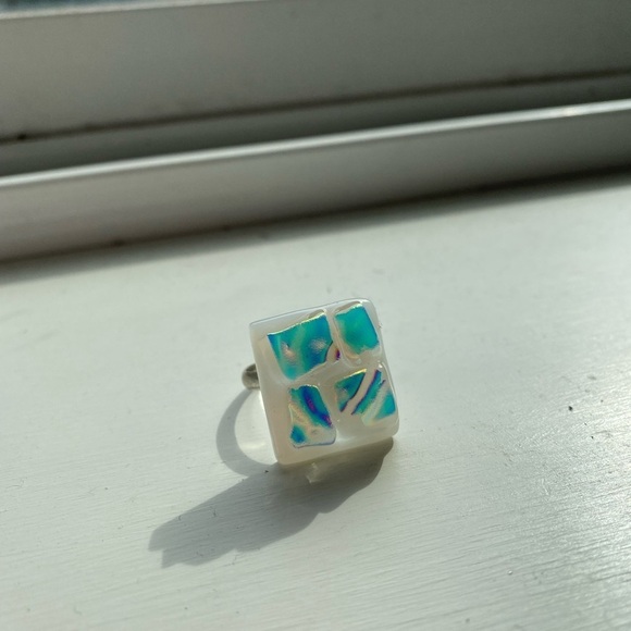 Holographic Homemade Ring w White Stone Base Size 8 Adjustable - Picture 6 of 7